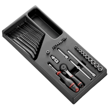 Facom 36-piece 1/4 metric 6-point socket set with ratchet and screwdriver in a black storage case.