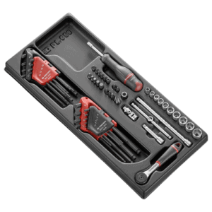 Facom 52-piece 1/4 metric 6-point socket set with ratchet and screwdriver in a black case for professional use.