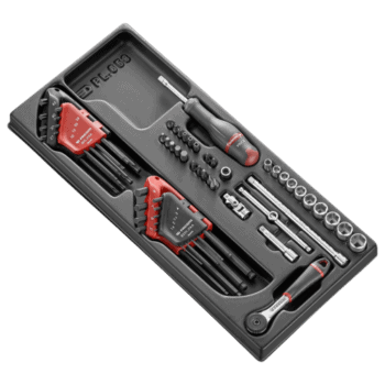 Facom 52-piece 1/4 metric 6-point socket set with ratchet and screwdriver in a black case for professional use.