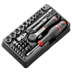 Facom 37-piece 1/4 inch metric socket and bit set with ratchet and screwdriver in a black case for automotive and mechanical use.
