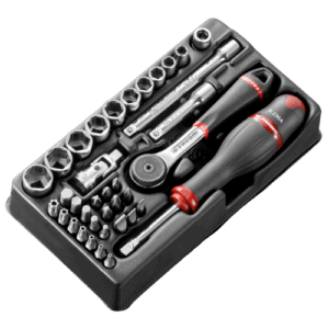 Facom 37-piece 1/4 inch metric socket and bit set with ratchet and screwdriver in a black case for automotive and mechanical use.
