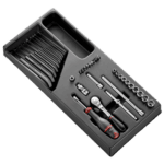 Facom 36-piece 1/4 metric 6-point socket set in a black storage case, including ratchet, extensions, and various socket sizes.