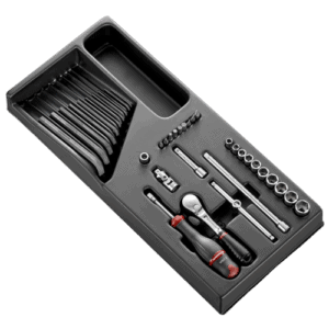 Facom 36-piece 1/4 metric 6-point socket set in a black storage case, including ratchet, extensions, and various socket sizes.