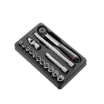 Facom 1/2 inch 12-point sockets module with ratchet and accessories in a black case.