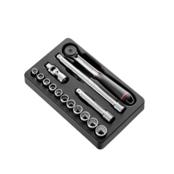 Facom 1/2 inch 12-point sockets module with ratchet and accessories in a black case.