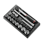 Set of Facom 1/2 inch metric 6-point sockets with ratchet and extension bar for professional automotive repair.
