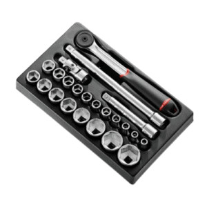 Set of Facom 1/2 inch metric 6-point sockets with ratchet and extension bar for professional automotive repair.