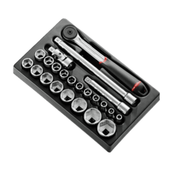 Set of Facom 1/2 inch metric 6-point sockets with ratchet and extension bar for professional automotive repair.