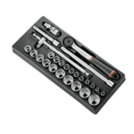 Set of Facom 26-piece 1/2 inch metric 6-point sockets with ratchet and accessories in a black case for professional automotive and mechanical use.