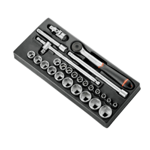 Set of Facom 26-piece 1/2 inch metric 6-point sockets with ratchet and accessories in a black case for professional automotive and mechanical use.