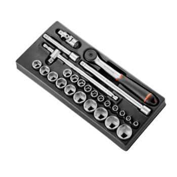 Set of Facom 26-piece 1/2 inch metric 6-point sockets with ratchet and accessories in a black case for professional automotive and mechanical use.