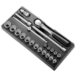 Set of 1/2 inch drive sockets and ratchet wrench in a black toolbox, suitable for automotive and mechanical work.