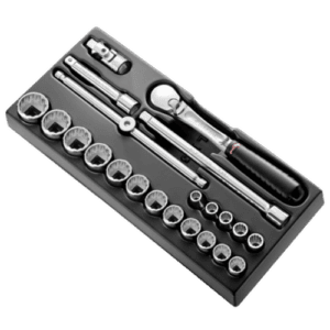 Set of 1/2 inch drive sockets and ratchet wrench in a black toolbox, suitable for automotive and mechanical work.