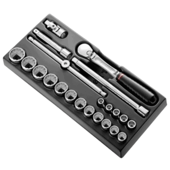 Set of 1/2 inch drive sockets and ratchet wrench in a black toolbox, suitable for automotive and mechanical work.