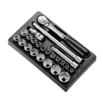 Set of Facom 1/2 inch metric 6-point sockets with ratchet handle in a black case, ideal for professional automotive and mechanical work.