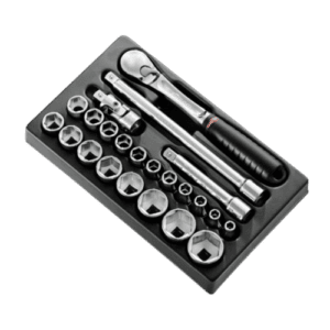 Set of Facom 1/2 inch metric 6-point sockets with ratchet handle in a black case, ideal for professional automotive and mechanical work.
