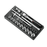 Facom 1/2 inch metric 6-point sockets set with ratchet and extension bar for professional automotive and mechanical use.
