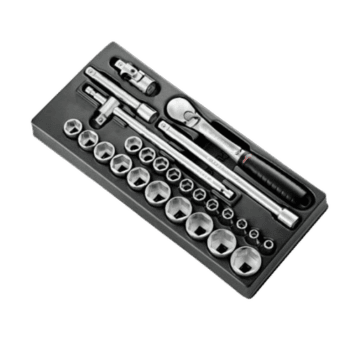 Facom 1/2 inch metric 6-point sockets set with ratchet and extension bar for professional automotive and mechanical use.