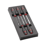 Set of five Nut Spinners with black and red handles in foam insert for precision fastening and loosening tasks.