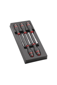 Set of five Nut Spinners with black and red handles in foam insert for precision fastening and loosening tasks.