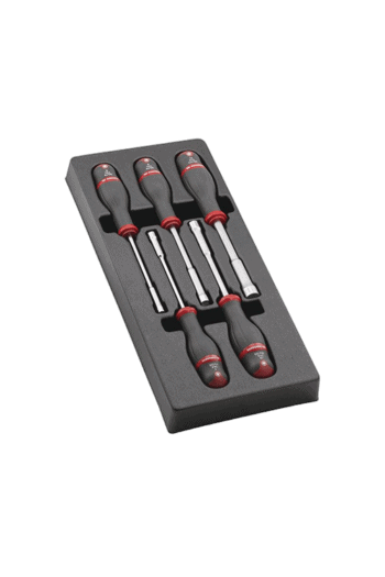 Set of five Nut Spinners with black and red handles in foam insert for precision fastening and loosening tasks.
