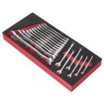 Facom F18 combination wrenches set with sizes 6 to 22 and 24 mm in foam tray for professional automotive use.