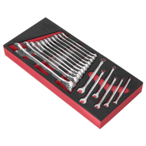 Facom F18 combination wrenches set with sizes 6 to 22 and 24 mm in foam tray for professional automotive use.