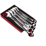 Set of Facom combination wrenches in a foam tray, featuring polished chrome finish and ergonomic design.