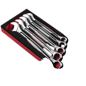 Set of Facom combination wrenches in a foam tray, featuring polished chrome finish and ergonomic design.