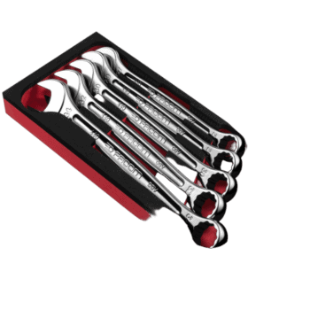 Set of Facom combination wrenches in a foam tray, featuring polished chrome finish and ergonomic design.