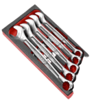 Set of Facom combination wrenches in a foam case, sizes 27 to 34 mm, designed for professional automotive and mechanical work.