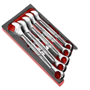 Set of Facom combination wrenches in a foam case, sizes 27 to 34 mm, designed for professional automotive and mechanical work.