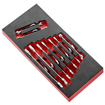 Set of Facom open end wrenches in a foam organiser, sizes 6 to 24 mm, for professional mechanical use.