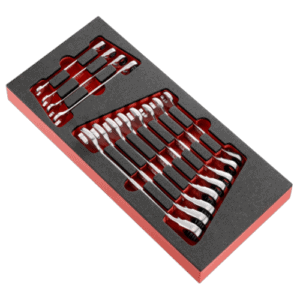 Set of metric ratchet combination wrenches in foam tray for professional automotive use.