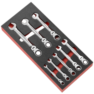 Facom inch hinged ratchet combination wrench set in foam module for professional automotive and mechanical use.