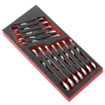 Facom foam module containing 12 ratchet combination wrenches in sizes 8 to 19 mm, organised in a foam insert for easy access and storage.