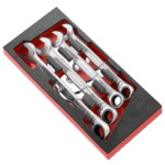 Set of four Facom ratchet combination wrenches 21 to 27 mm in a black and red foam organiser for professional automotive use.