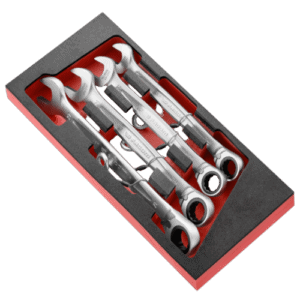 Set of four Facom ratchet combination wrenches 21 to 27 mm in a black and red foam organiser for professional automotive use.