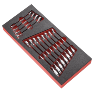 Facom inch ratchet combination wrench set in foam module for professional automotive and mechanical use.