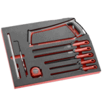 Set of saws and tools in a foam insert for precise sawing and marking tasks, ideal for professional use.