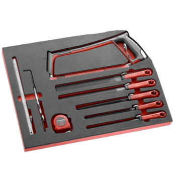 Set of saws and tools in a foam insert for precise sawing and marking tasks, ideal for professional use.