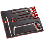Facom foam tray saw, tape measure and files set with red and silver tools in foam insert for precise storage.