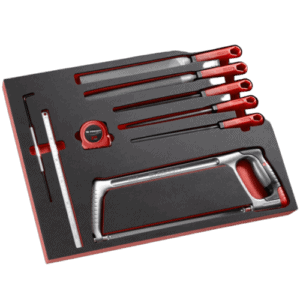 Facom foam tray saw, tape measure and files set with red and silver tools in foam insert for precise storage.