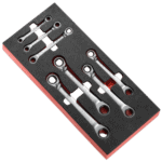 Set of 15 Facom angled offset-ring ratchets with spline drive in foam tray for professional automotive use.