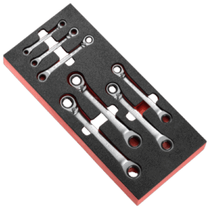 Set of 15 Facom angled offset-ring ratchets with spline drive in foam tray for professional automotive use.