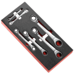 Set of Facom inch straight ratchet ring wrenches in foam module for professional automotive and mechanical use.