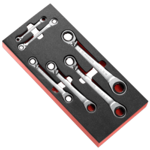 Set of Facom inch straight ratchet ring wrenches in foam module for professional automotive and mechanical use.