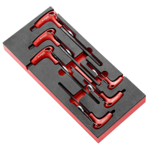 Set of Facom foam modules for 6 T hex keys in a custom foam insert, ideal for tool organisation and storage.