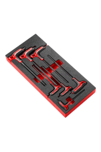 Set of F-clamps with red handles in foam-lined case, ideal for woodworking and metalworking projects.