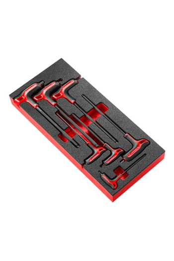 Set of F-clamps with red handles in foam-lined case, ideal for woodworking and metalworking projects.